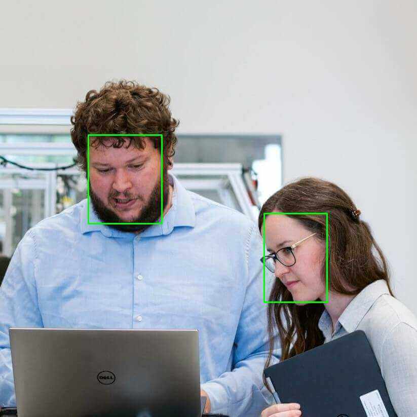 Two people in an office with their faces detected by Nara