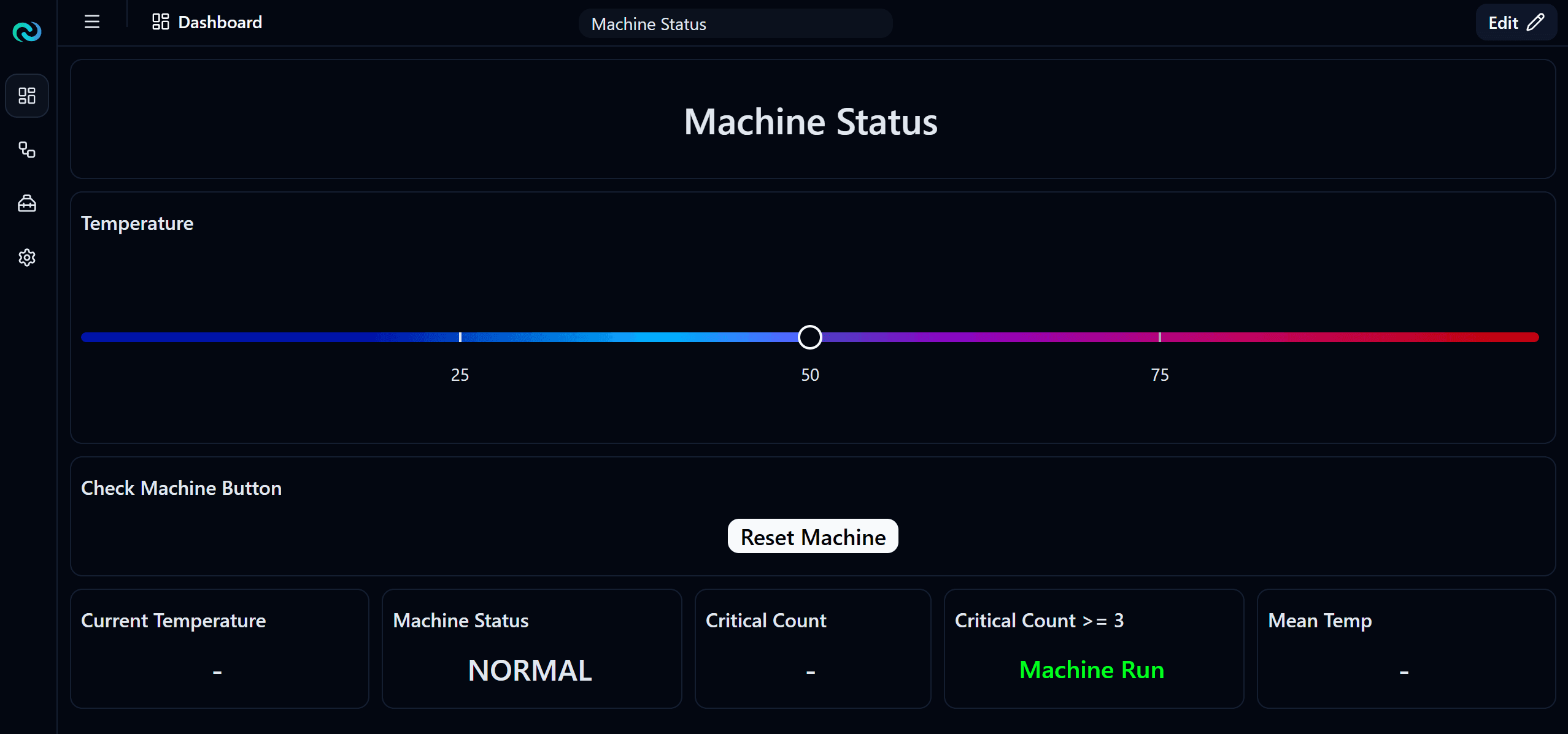 Nara dashboard showing machine status, temperature and counts