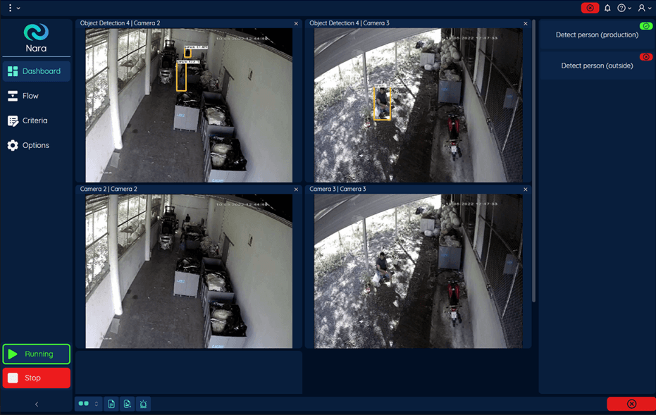 Nara monitoring four warehouse cameras with smart alarms