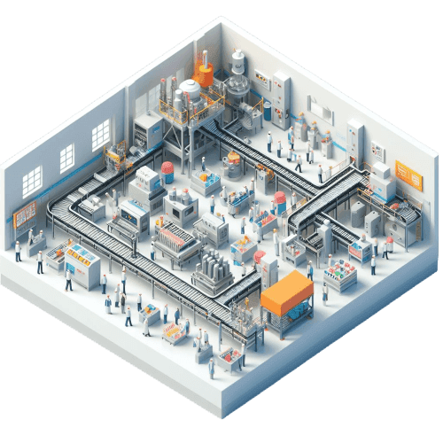 3D isometric render of a factory floor.