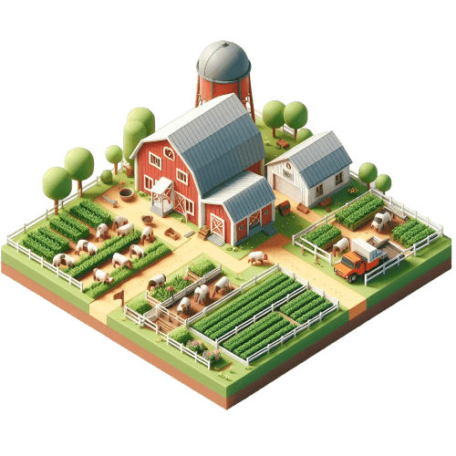 3D isometric render of a farm.