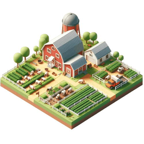 3D isometric render of a farm.