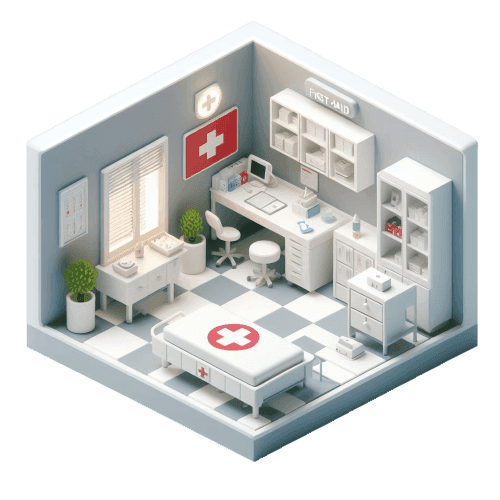 3D isometric render of a first aid room.