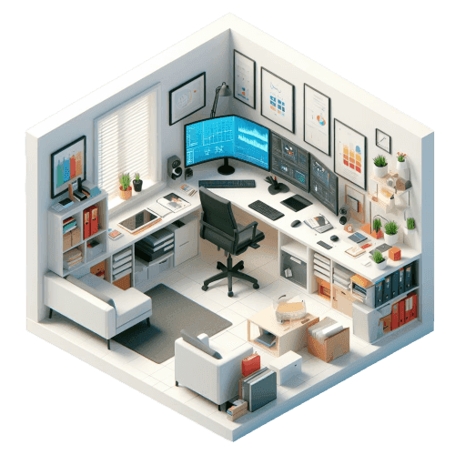 3D isometric render of an office room.