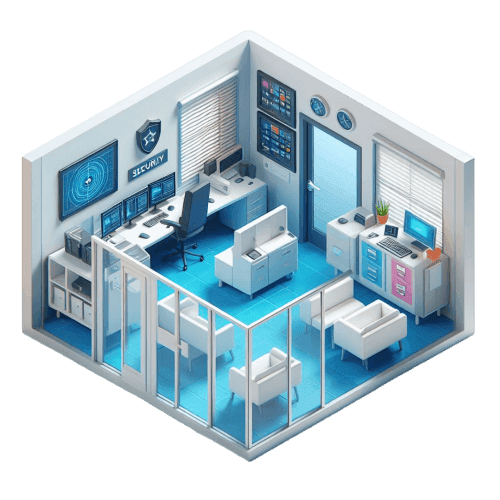 3D isometric render of a security room.